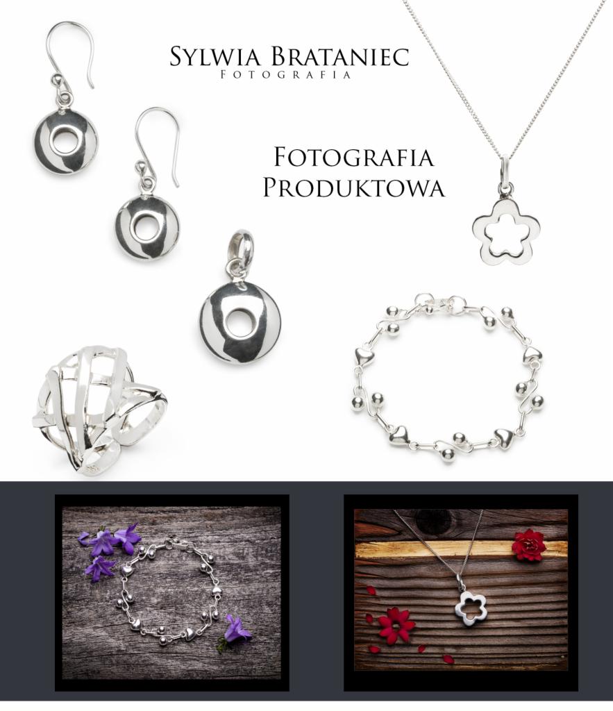 Kolaż biżuterii srebrnej: kolczyki, pierścionek klatkowy, bransoletka z serduszkami, wisiorek kwiatek na łańcuszku, z dwoma małymi zdjęciami: bransoletka z fioletowymi kwiatami na szarym drewnie...