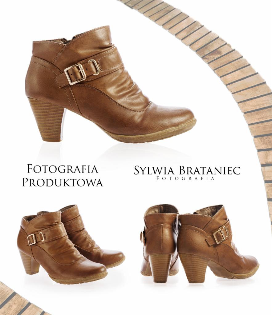 Kompozycja z brązowych botków na obcasie, z widocznymi detalami: metalową klamrą, marszczeniami skóry i drewnianym obcasem, prezentowana na białym tle z elementami dekoracyjnymi.