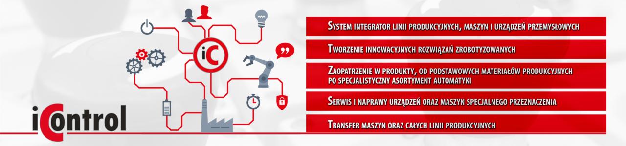 Grafika przedstawiająca logo firmy iControl z ilustracjami symbolizującymi linie produkcyjne, robotykę, automatykę przemysłową oraz listę usług: integracja systemów, innowacyjne rozwiązania...