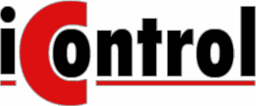 Logo firmy iControl z czarnym napisem i czerwonym półokręgiem nad podkreśleniem.
