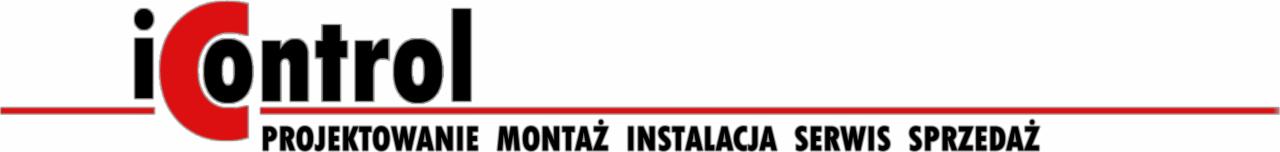 Logo firmy iControl z czerwonym C, oferującej projektowanie, montaż, instalacje, serwis i sprzedaż.