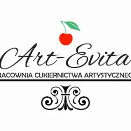 Logo firmy Art-Evita, pracownia cukiernictwa artystycznego, z stylizowaną wisienką i ozdobnym ornamentem.
