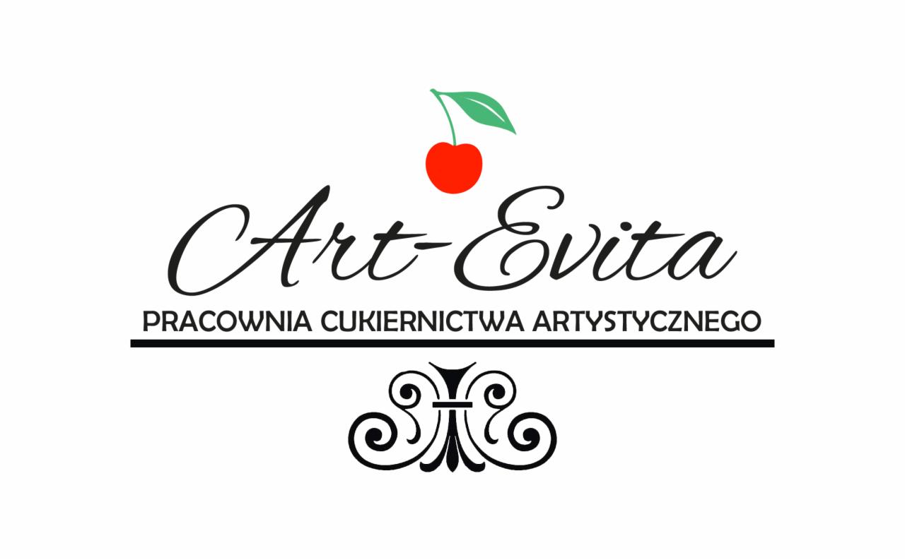 Logo firmy Art-Evita, pracownia cukiernictwa artystycznego, z stylizowaną wisienką i ozdobnym ornamentem.