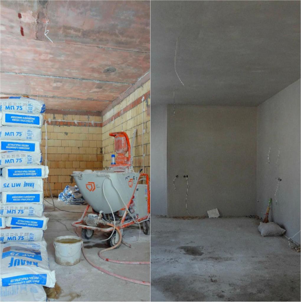 Dzielone ujęcie wnętrza: po lewej surowy mur z cegły, sterta worków z zaprawą Knauf MP 75 i maszyna do nakładania tynku; po prawej wykończone wnętrze z gładkimi, szarymi ścianami i sufitem.