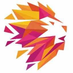 Abstrakcyjna grafika przedstawiająca głowę lwa utworzoną z wielokątów w odcieniach pomarańczy, żółci i różu, na białym tle.