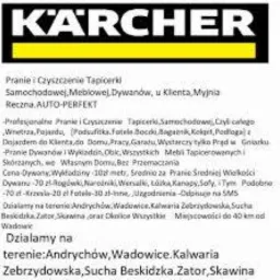 Ogłoszenie firmy Karcher oferującej pranie tapicerki samochodowej, meblowej i dywanów z dojazdem do klienta, obejmujące również czyszczenie wnętrz pojazdów, z podanymi cenami i obszarem działania.