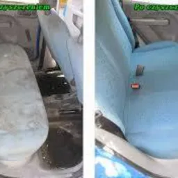 Porównanie: fotel samochodowy z jasną tapicerką przed i po czyszczeniu, widoczne różnice w zabrudzeniach i odświeżonym kolorze materiału.