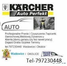 Reklama firmy Kärcher Auto Perfekt z Wadowic oferującej profesjonalne pranie i czyszczenie tapicerki samochodowej, meblowej i dywanów, z darmowym dojazdem i szybkimi terminami, zawierająca numer...