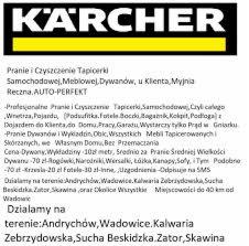 Ogłoszenie firmy Karcher oferującej pranie tapicerki samochodowej, meblowej i dywanów z dojazdem do klienta, obejmujące również czyszczenie wnętrz pojazdów, z podanymi cenami i obszarem działania.
