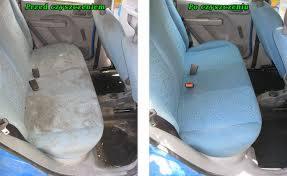 Porównanie: fotel samochodowy z jasną tapicerką przed i po czyszczeniu, widoczne różnice w zabrudzeniach i odświeżonym kolorze materiału.