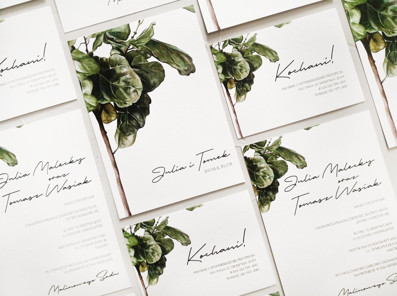 Stos wizytówek ślubnych z akwarelowym motywem roślinnym, elegancka czcionka, zaproszenie na ślub Julii i Tomasza, białe tło.