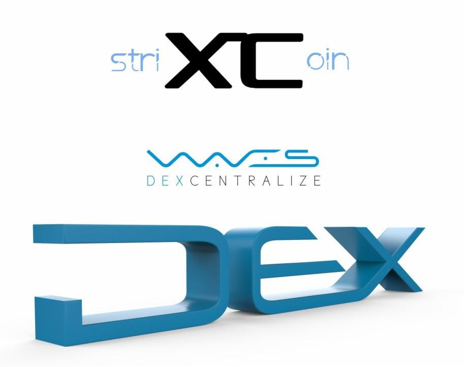 Grafika prezentująca trzy logotypy związane z kryptowalutami i zdecentralizowanymi giełdami: StriXCoin, DEXCENTRALIZED oraz DEX, na białym tle.