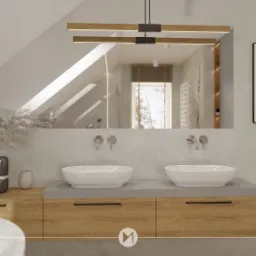 Wizualizacja łazienki na poddaszu z dwoma umywalkami nablatowymi, drewnianą szafką pod umywalkami, dużym lustrem z podświetleniem LED, dekoracyjną trawą pampasową w wazonie i obrazem z motywem...