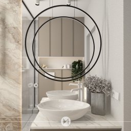 Emkaprojket projektowanie wnętrz - Emilia Witkowska - Elegancka łazienka z marmurowymi ścianami, podwójną umywalką nablatową, okrągłym lustrem z podświetleniem LED i grzejnikiem drabinkowym. Minimalistyczny design, neutralna kolorystyka, dekoracyjne...