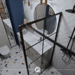 Emkaprojket projektowanie wnętrz - Emilia Witkowska - Nowoczesna łazienka z kabiną prysznicową typu walk-in, białą umywalką w szafce, toaletą i pralką, wykończona białymi płytkami ułożonymi w jodełkę i podłogą w stylu lastryko.