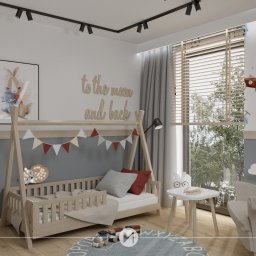 Emkaprojket projektowanie wnętrz - Emilia Witkowska - Pokój dziecięcy z łóżkiem w kształcie tipi, fotel uszak, okrągły dywan z literami, dekoracje ścienne: obrazy z królikami, napis 'to the moon and back', tapeta w pojazdy i świecąca lampka...