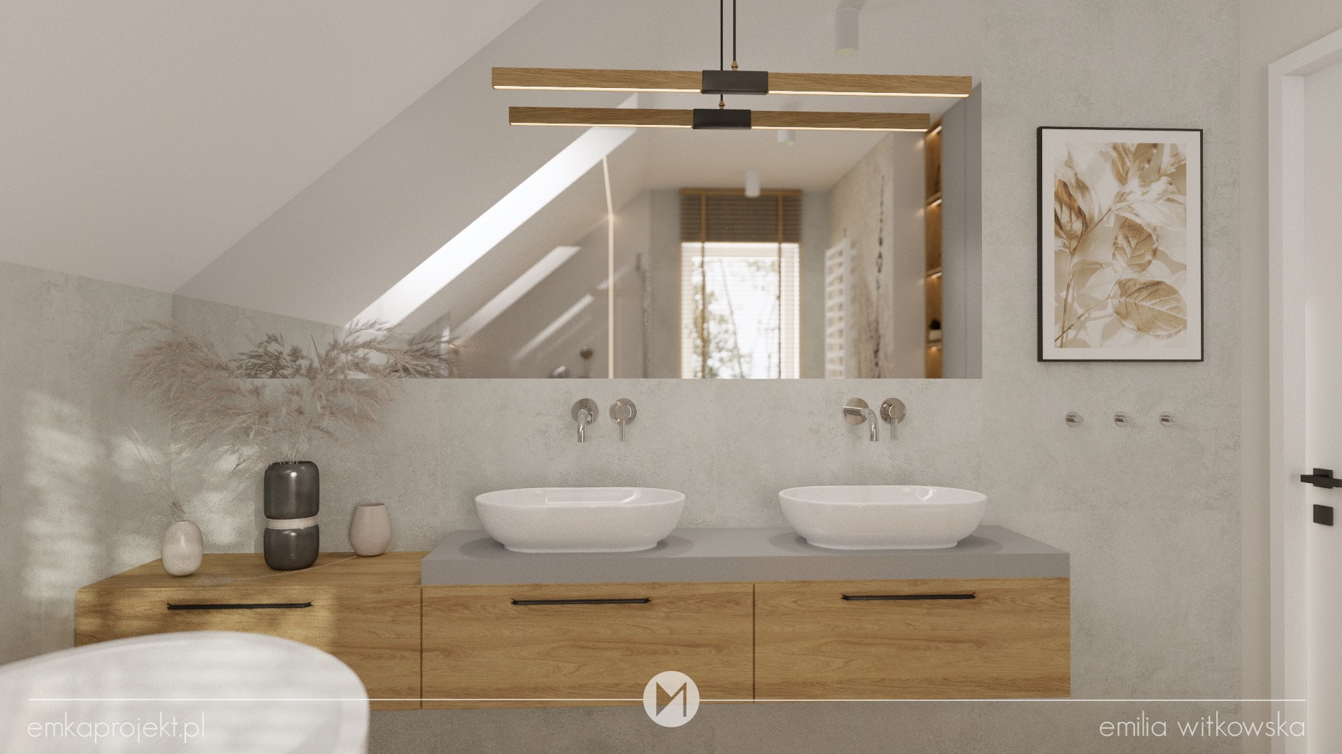 Wizualizacja łazienki na poddaszu z dwoma umywalkami nablatowymi, drewnianą szafką pod umywalkami, dużym lustrem z podświetleniem LED, dekoracyjną trawą pampasową w wazonie i obrazem z motywem...