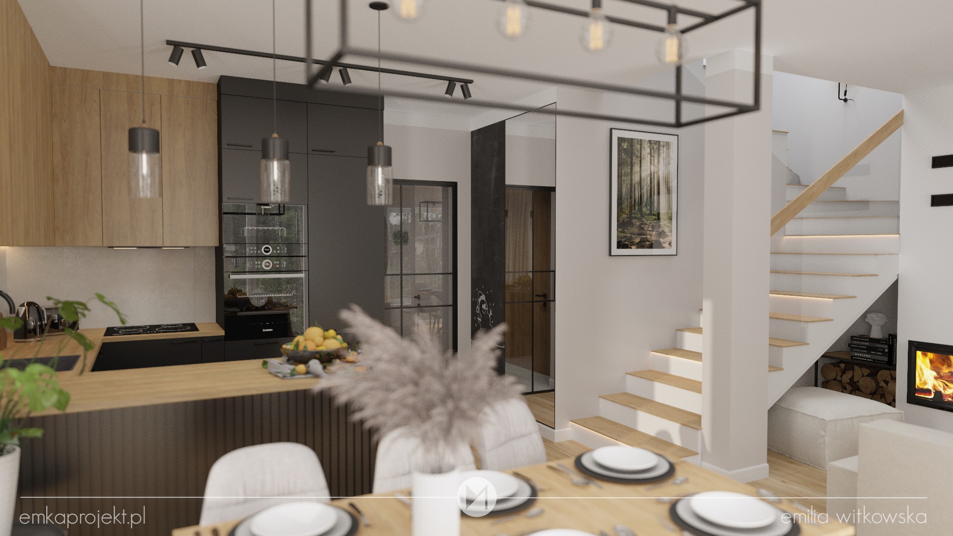Wnętrze domu z otwartą kuchnią i jadalnią, widoczne schody z podświetleniem LED, drewniane blaty, czarne szafki kuchenne, dekoracje roślinne i kominek.
