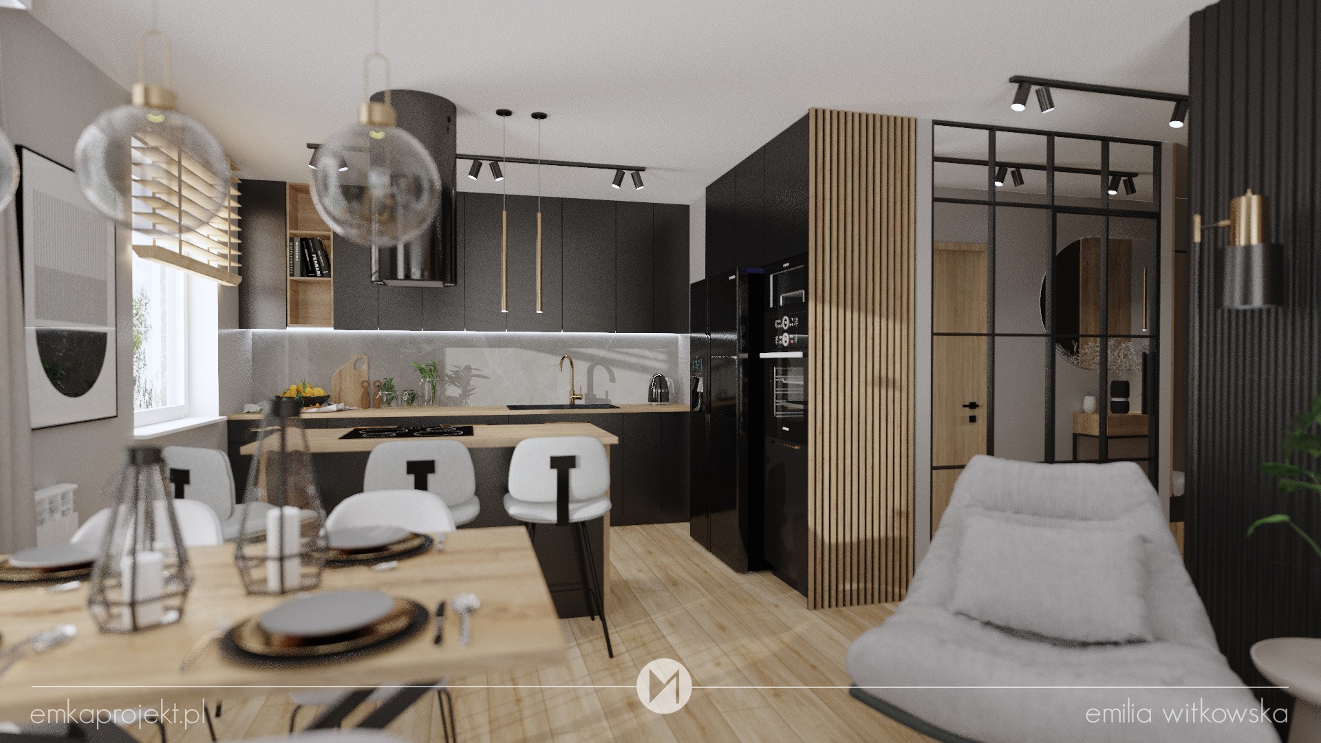 Wizualizacja wnętrza: czarna kuchnia z drewnianym blatem i akcentami, przeszklona ściana działowa, jadalnia z drewnianym stołem i krzesłami, lampy wiszące z przezroczystego szkła, fotel typu 'bean...