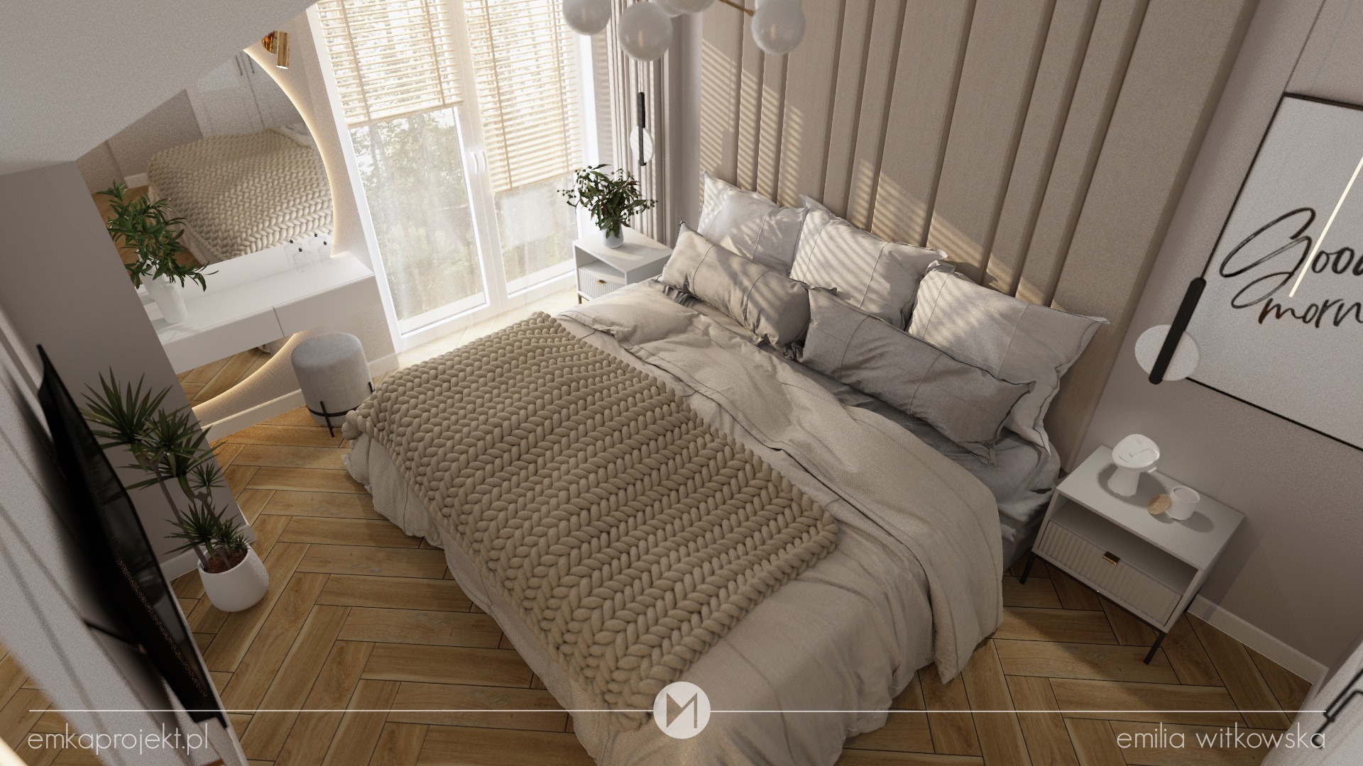 Jasna sypialnia z drewnianą podłogą w jodełkę, beżową ścianą z tapicerowanymi panelami, łóżkiem z grubym, plecionym kocem, toaletką z podświetlanym lustrem i roślinami doniczkowymi.