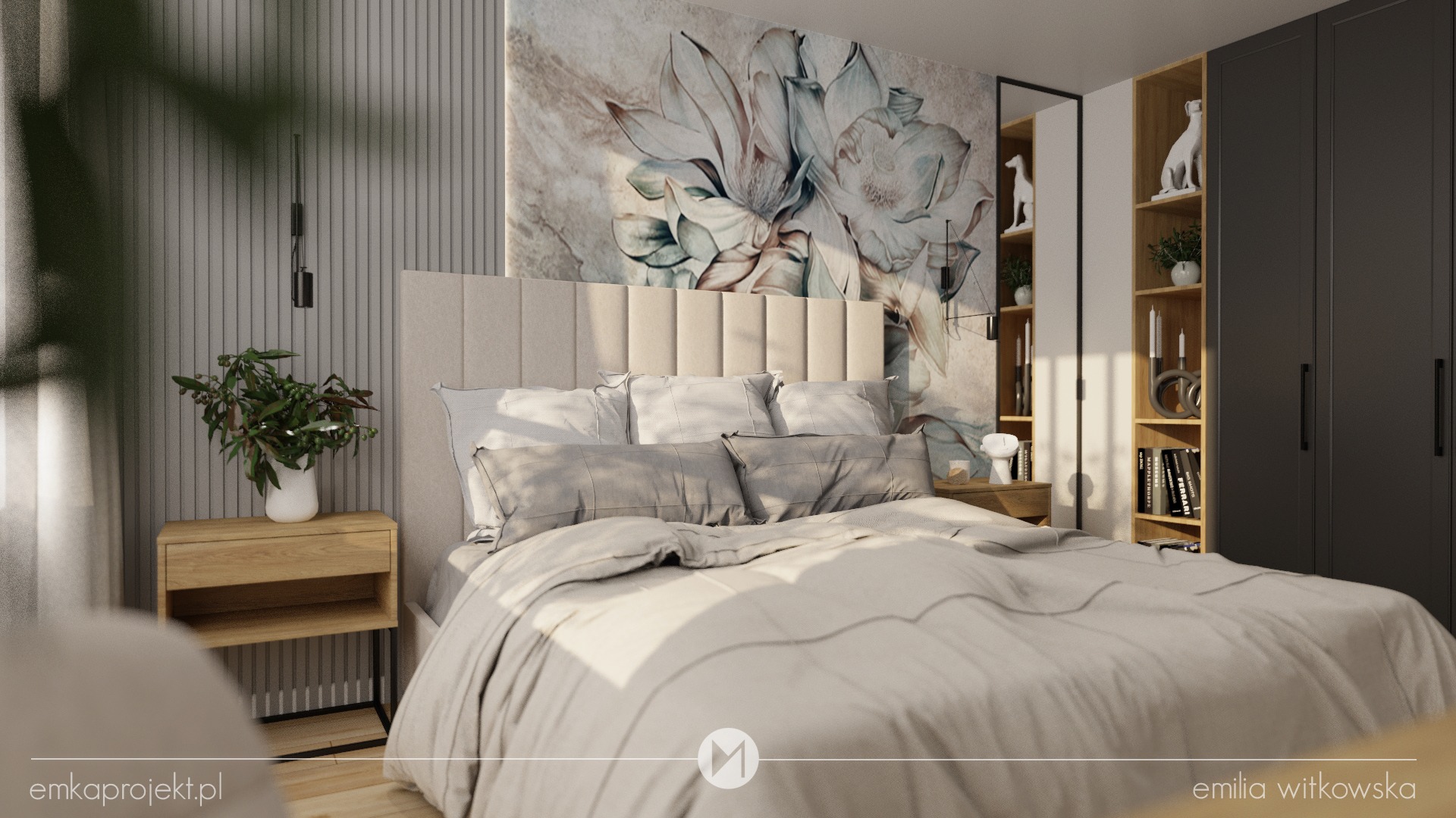 Jasna sypialnia z łóżkiem z beżowym zagłówkiem, nocnymi szafkami z kwiatami, fototapetą z motywem kwiatowym i regałem z dekoracjami.