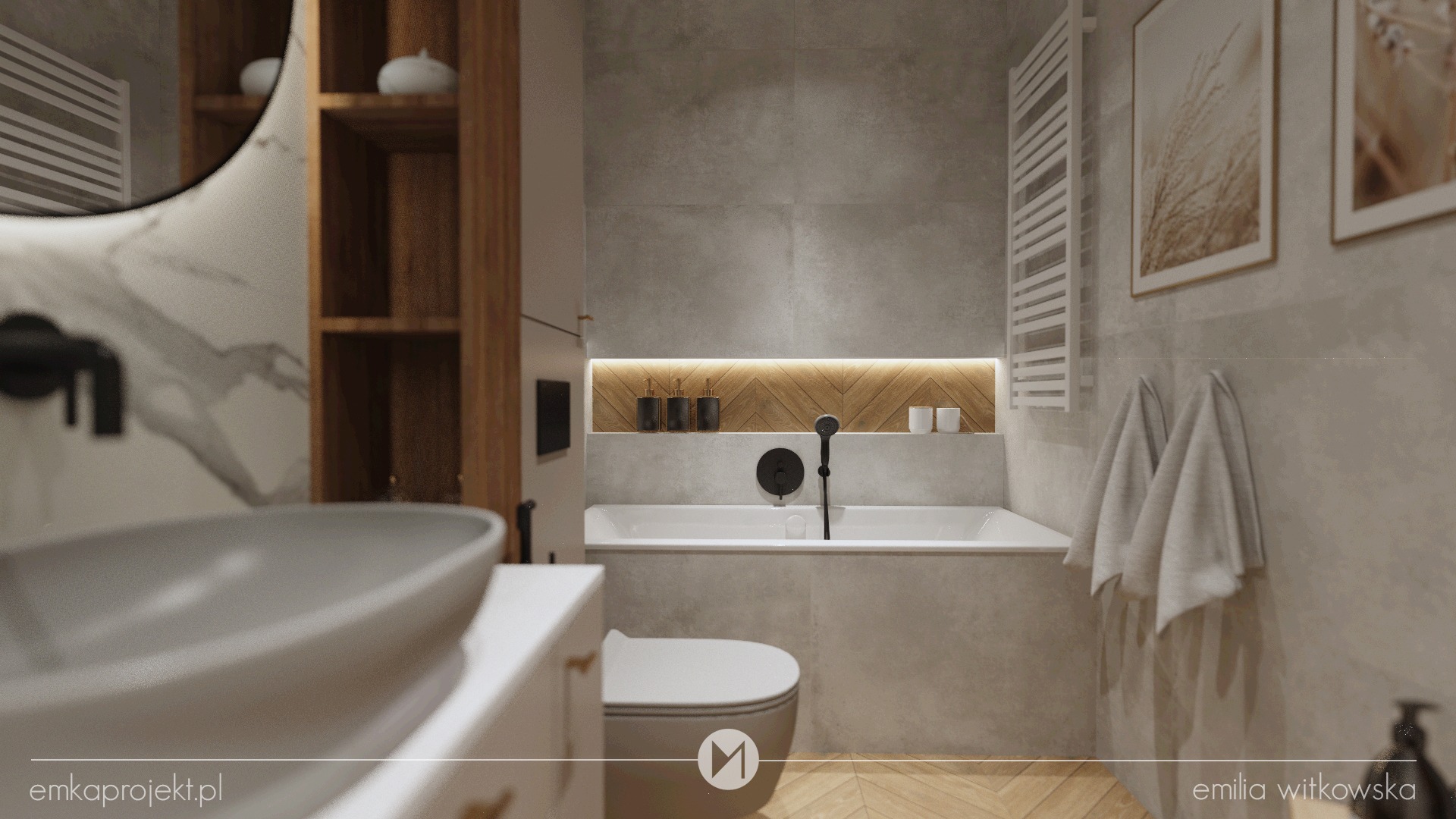 Nowoczesna łazienka w odcieniach szarości i beżu z drewnianymi akcentami, umywalka nablatowa, bateria w kolorze czarnym, wanna z zabudową, dekoracyjna wnęka z oświetleniem i wzorem jodełki...