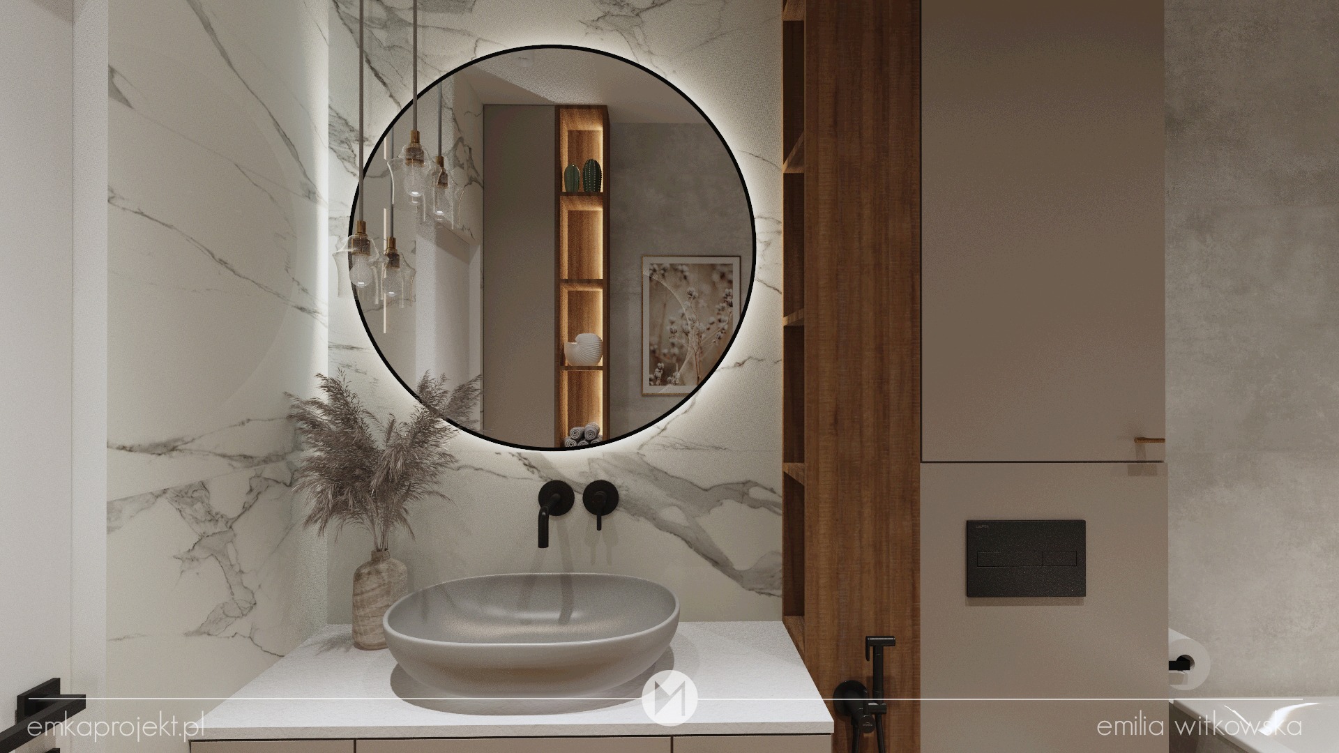 Nowoczesna łazienka z okrągłym lustrem podświetlanym LED, umywalką nablatową w odcieniach szarości, armaturą w kolorze czarnym, marmurową ścianą i drewnianymi półkami.