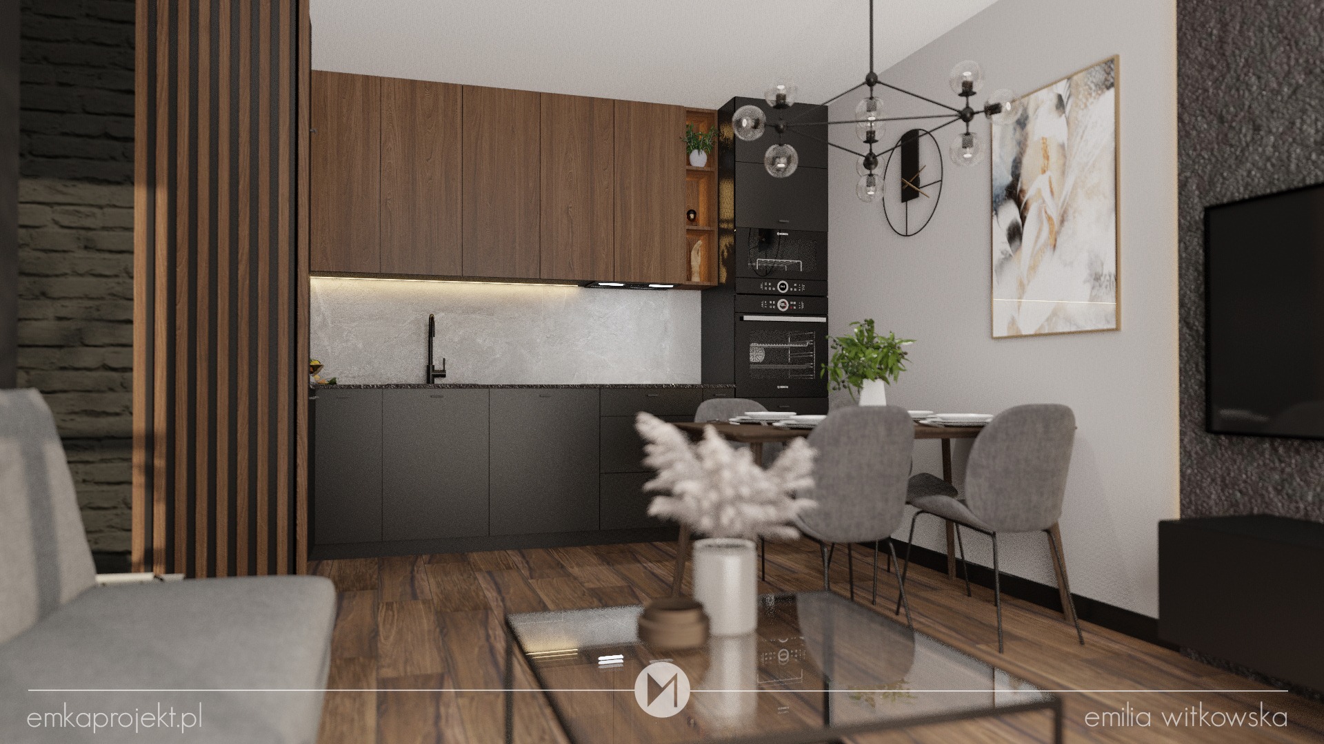 Wizualizacja wnętrza: ciemna kuchnia z drewnianymi akcentami, szare krzesła przy stole, dekoracje roślinne, nowoczesne oświetlenie i minimalistyczny salon z szarą sofą w tle.