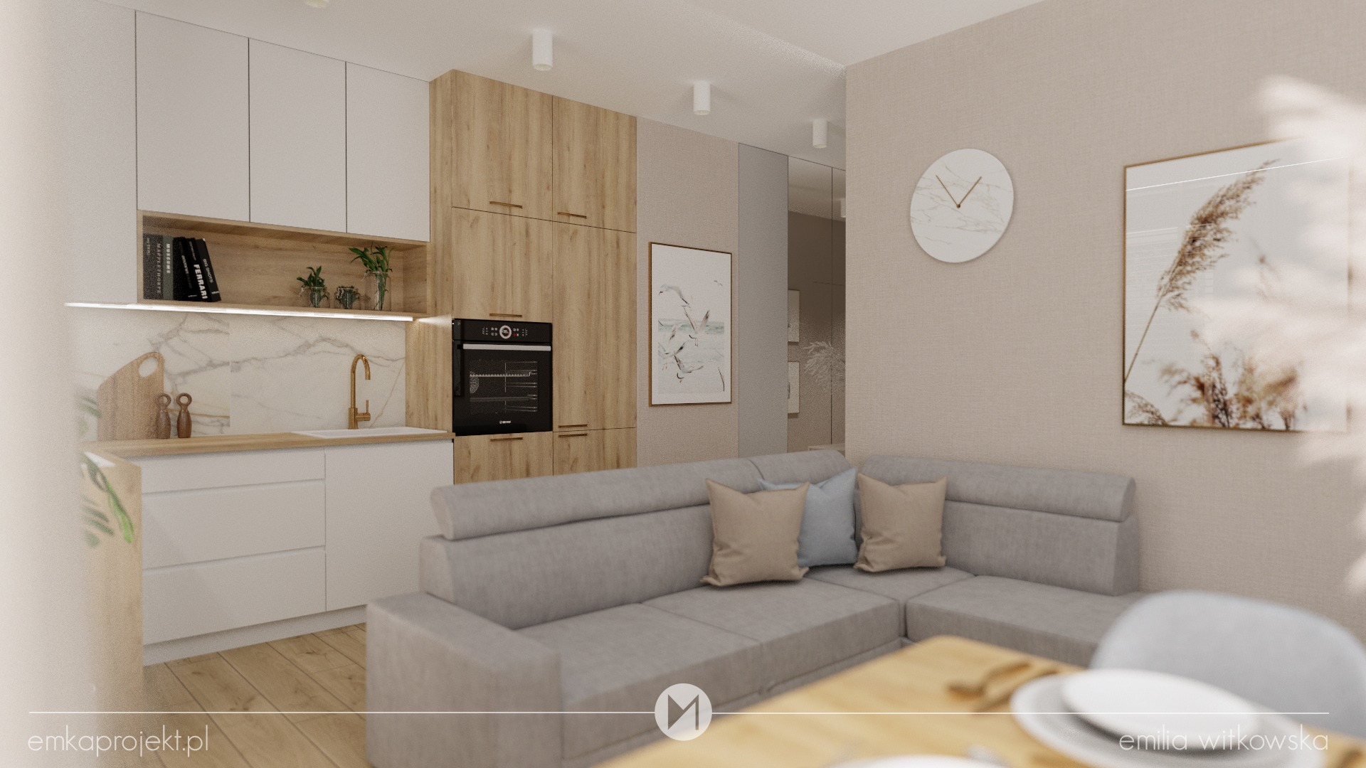 Wizualizacja wnętrza mieszkania: kuchnia z białymi i drewnianymi szafkami, szary narożnik z beżowymi i niebieskimi poduszkami, marmurowy backsplash, złota armatura, okrągły zegar na ścianie i obraz...