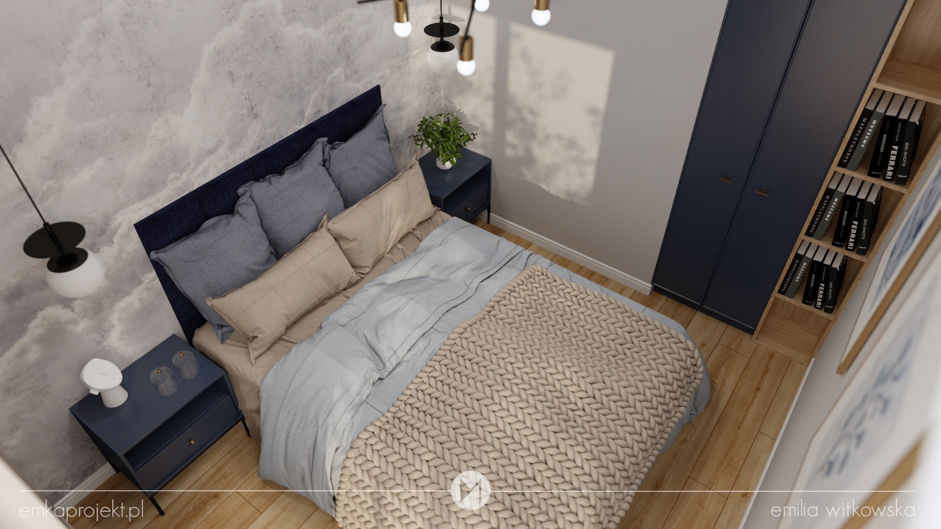 Wizualizacja sypialni z łóżkiem z granatowym zagłówkiem, szarą pościelą i beżowym kocem z grubym splotem, granatowe szafki nocne z dekoracjami, lampy wiszące, tapeta w chmury i granatowa szafa...