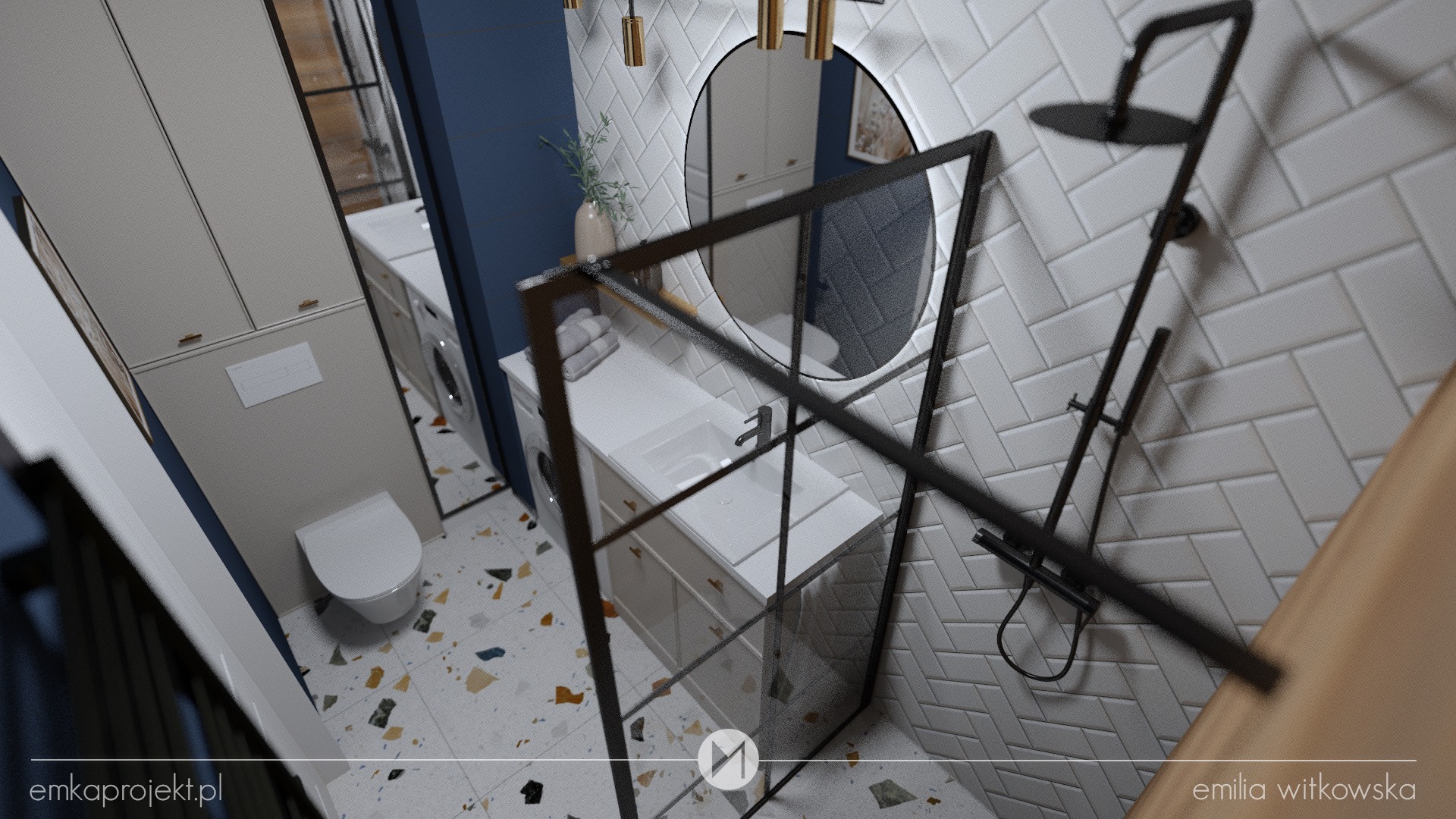 Nowoczesna łazienka z kabiną prysznicową typu walk-in, białą umywalką w szafce, toaletą i pralką, wykończona białymi płytkami ułożonymi w jodełkę i podłogą w stylu lastryko.