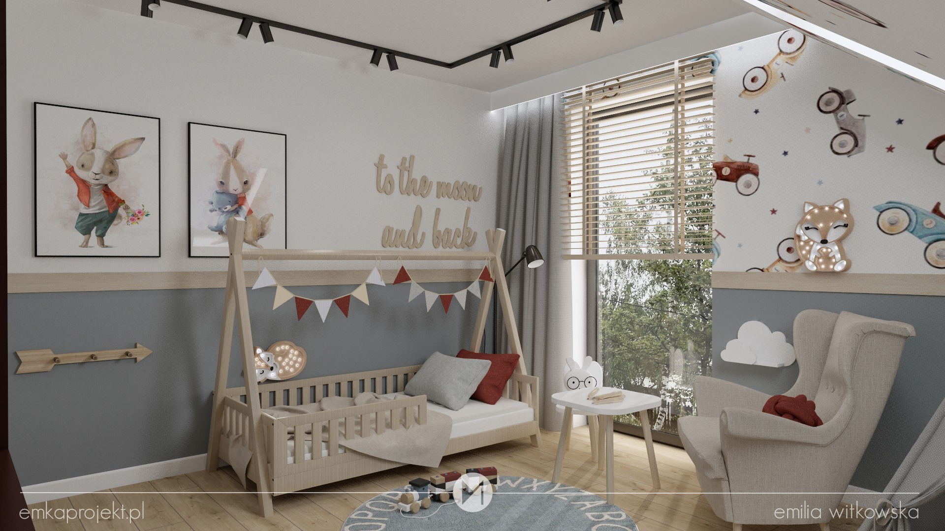 Pokój dziecięcy z łóżkiem w kształcie tipi, fotel uszak, okrągły dywan z literami, dekoracje ścienne: obrazy z królikami, napis 'to the moon and back', tapeta w pojazdy i świecąca lampka...