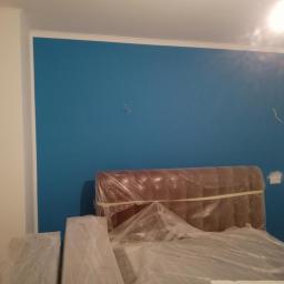 Daw-Bud Dawid Koziarz - Świeżo pomalowana na niebiesko ściana w pokoju, zabezpieczone folią meble i materiały budowlane, biały sufit z listwą dekoracyjną.