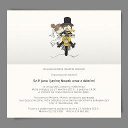 KartkoFlanka - Ilustracja zaproszenia ślubnego z parą młodą na motocyklu w stylu retro, dominują odcienie szarości, żółci i bieli.