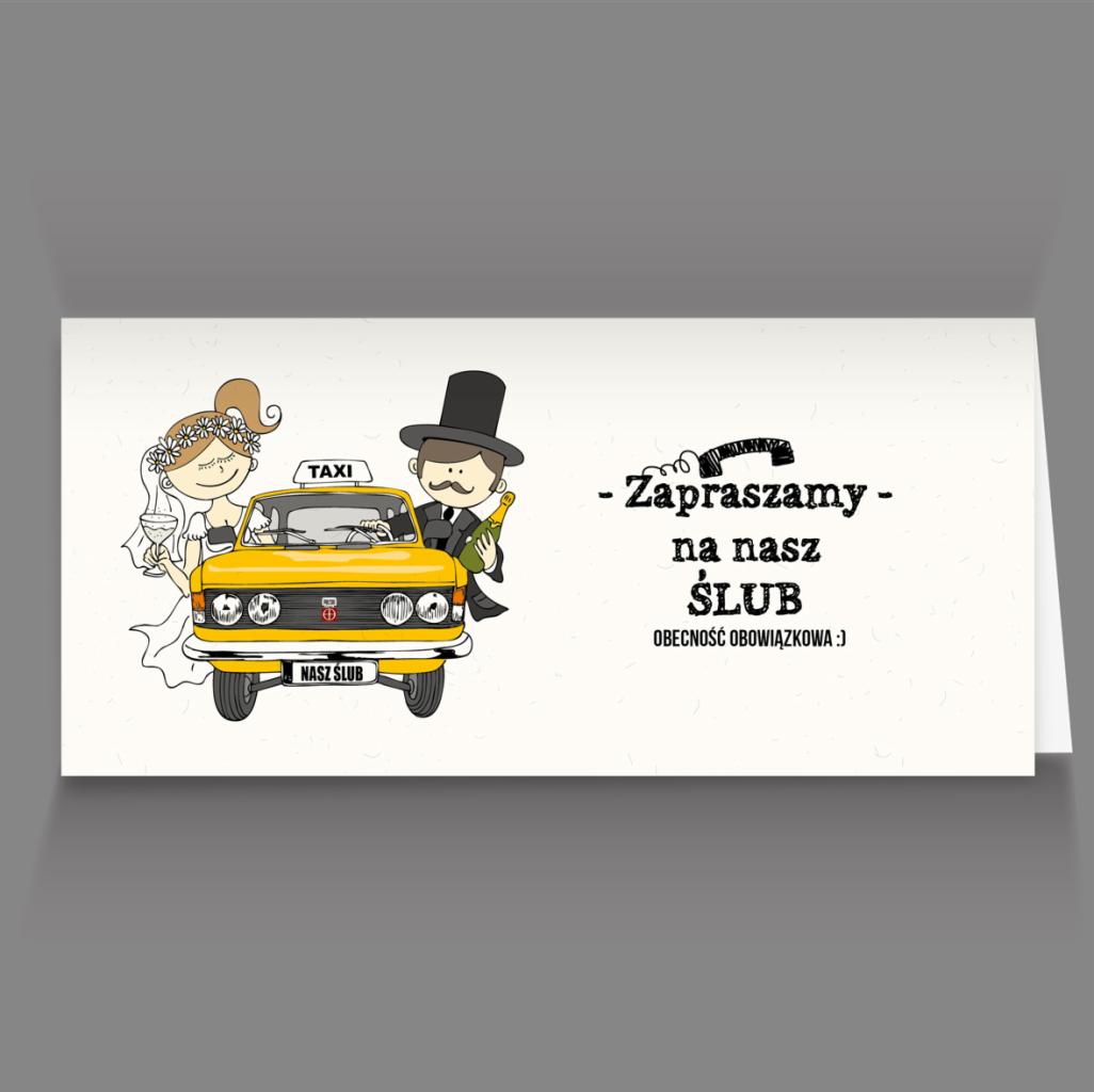 Karta zaproszenia ślubnego z ilustracją pary młodej w żółtej taksówce z napisem 'Nasz Ślub', obok napis 'Zapraszamy na nasz Ślub'.