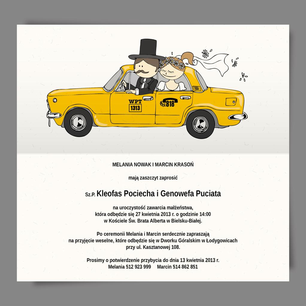 Ilustrowane zaproszenie ślubne z motywem żółtego samochodu, w którym jadą para młoda i pan młody w cylindrze.