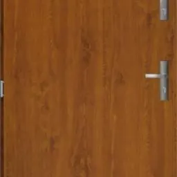 Brązowe skrzydło z klamką i zamkiem, imitujące strukturę drewna.