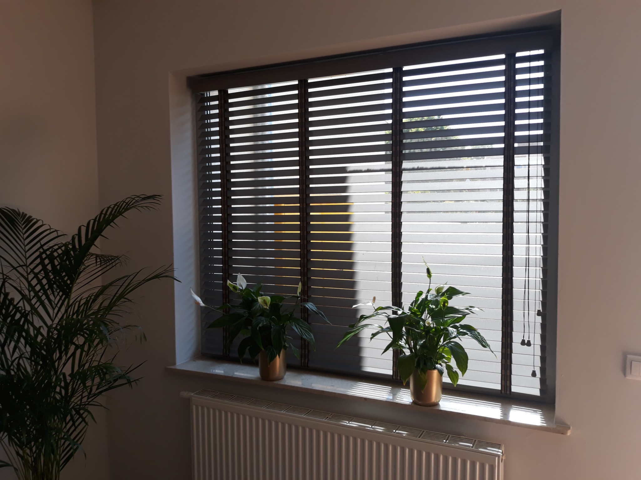 Okna z drewnianymi żaluzjami w kolorze szarym, dwa kwiaty doniczkowe na parapecie, kaloryfer pod oknem i roślina doniczkowa z lewej strony.