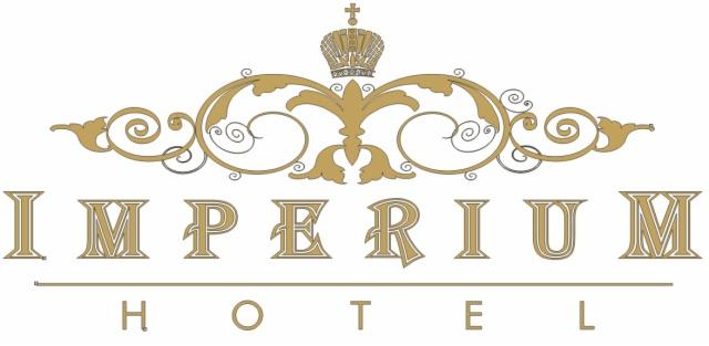 Złote logo Imperium Hotel z koroną i ozdobnymi zawijasami na białym tle.