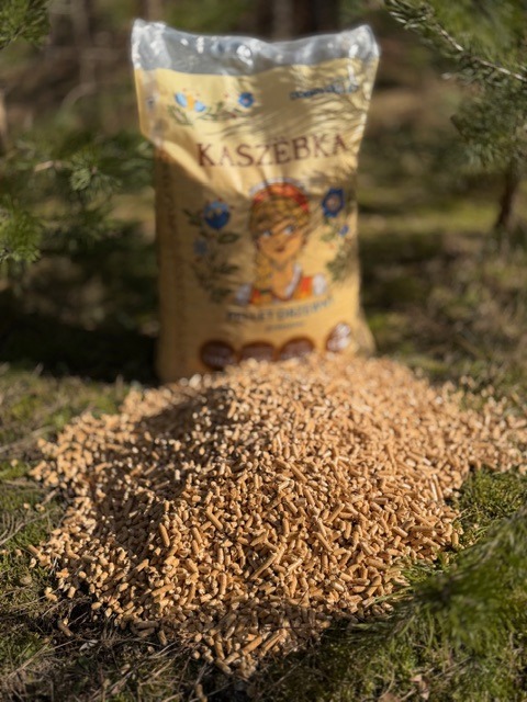 Jasny worek pelletu z etykietą 'Kaszëbka' stoi za stertą pelletu na tle leśnego runa. Naturalne światło podkreśla teksturę pelletu i leśne otoczenie.