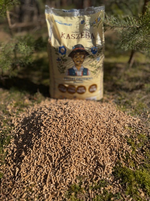 Jasny worek pelletu z etykietą 'Kaszeba' stoi za stertą pelletu na mchu, w tle iglaste drzewa. Ujęcie w naturalnym świetle.