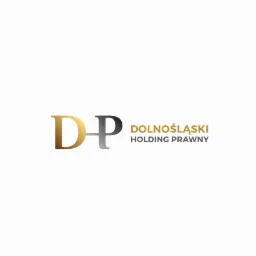 Logo Dolnośląski Holding Prawny z inicjałami DP w kolorach złota i szarości.