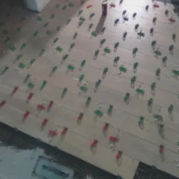 Układanie płytek podłogowych w pomieszczeniu, widoczne klipsy poziomujące, puszka po kleju, narzędzia i stopa w roboczym obuwiu.