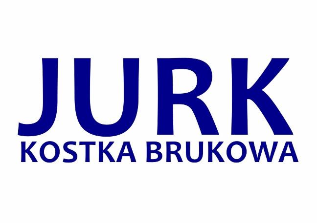 Logo firmy z Kazimierzy Wielkiej, specjalizującej się w układaniu kostki brukowej, z wyraźnym napisem 'JURK KOSTKA BRUKOWA' w kolorze niebieskim na białym tle.