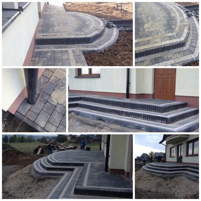 Kompozycja sześciu ujęć przedstawiających fragmenty nowo ułożonej nawierzchni z kostki brukowej w odcieniach szarości, tworzącej ścieżki i schody przed domem jednorodzinnym, z widocznymi elementami...