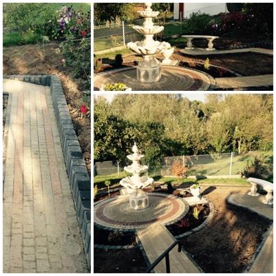 Kompozycja trzech ujęć: ścieżka z kostki brukowej z obrzeżami, fontanna ogrodowa otoczona kostką brukową i ławką, oraz szerszy plan fontanny z ogrodem i ogrodzeniem.