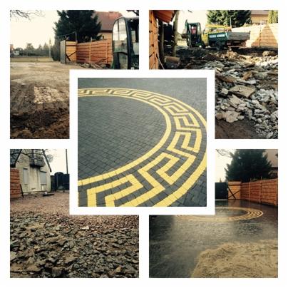 Kompozycja zdjęć z różnych etapów tworzenia okrągłego podjazdu z kostki brukowej z żółtym wzorem greckim, widoczne prace ziemne, gruz i efekt końcowy.