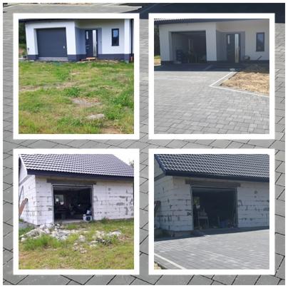 Mozaika zdjęć przedstawiająca etapy prac brukarskich: stan przed i po ułożeniu szarej kostki brukowej przed domem i garażem.