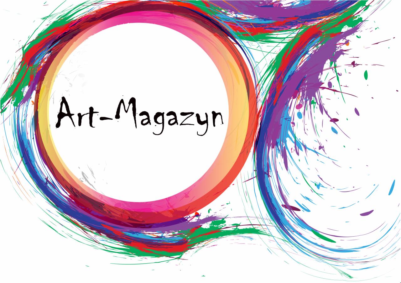 Abstrakcyjne logo Art-Magazyn z kolorowymi, rozmytymi obrysami w kształcie okręgów i dynamicznymi plamami farb w odcieniach zieleni, fioletu, czerwieni i niebieskiego na białym tle.