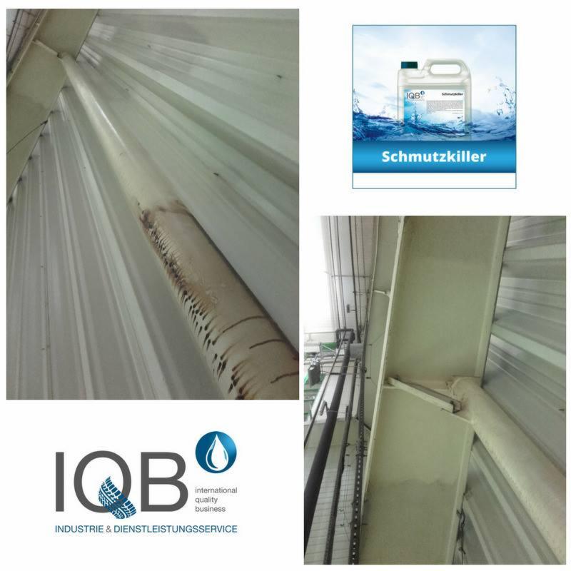 Kompozycja zdjęć przedstawiająca metalową konstrukcję hali przed i po czyszczeniu, z widocznymi zabrudzeniami na rurze oraz produktem czyszczącym i logo firmy.